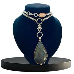 Genuine dark blue green iridescent flash labradorite celtic lariat Y necklace.